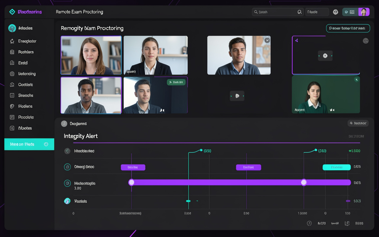 Proctor AI dashboard with exam room tiles and integrity alerts