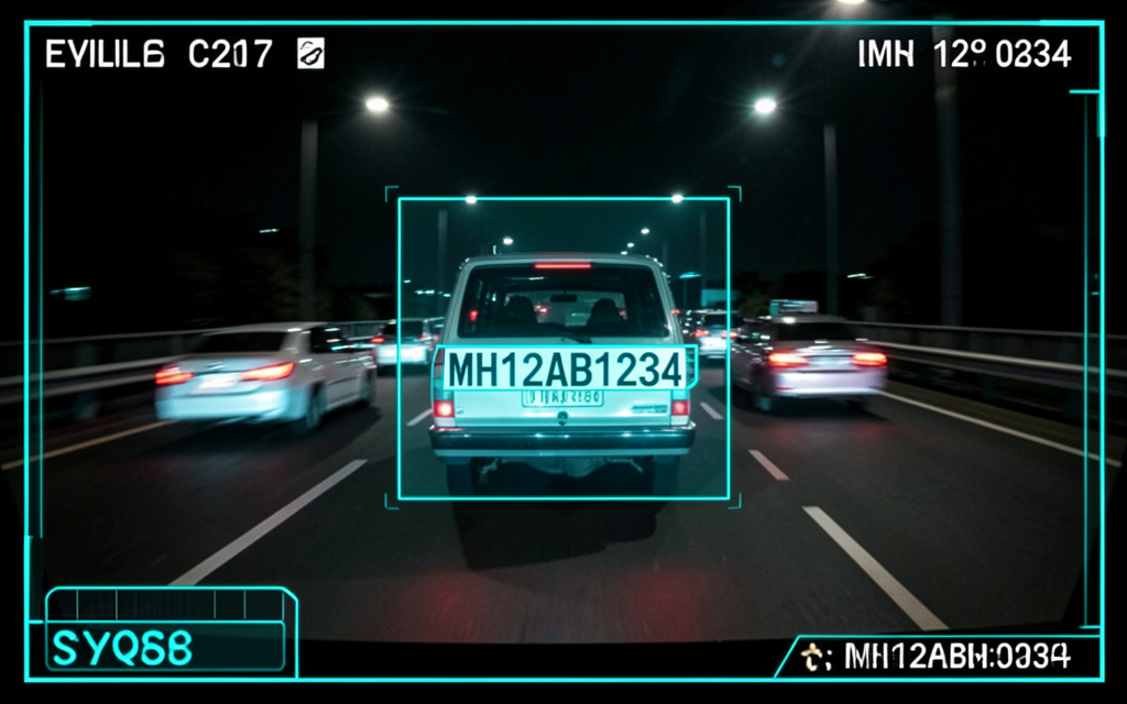Night highway CCTV with plate HUD overlay
